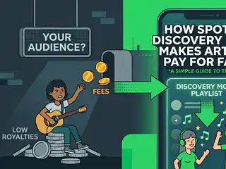Illustration of a musician earning from Spotify Discovery Mode, highlighting music royalties and art.