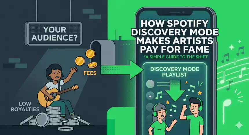 Illustration of a musician earning from Spotify Discovery Mode, highlighting music royalties and art.