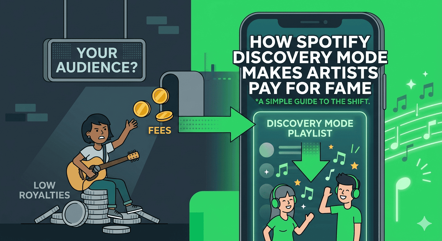 Home Icy 39 Illustration of a musician earning from Spotify Discovery Mode, highlighting music royalties and art.