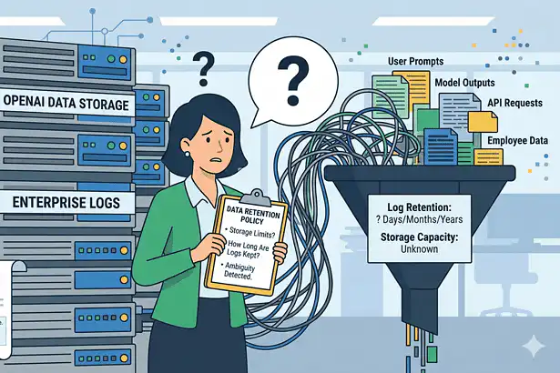 Illustration of a person holding a data retention policy document, surrounded by servers and data fl.