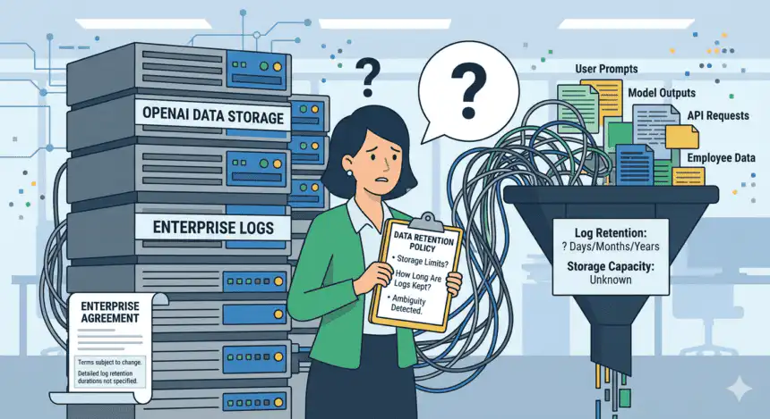 Illustration of a person holding a data retention policy document, surrounded by servers and data fl.