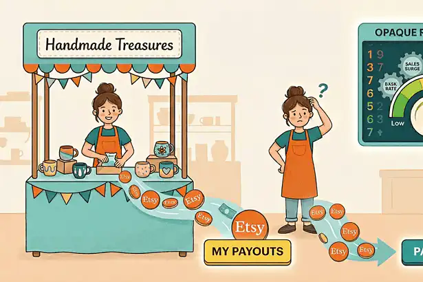 Etsy handmade treasures and payouts process illustration.
