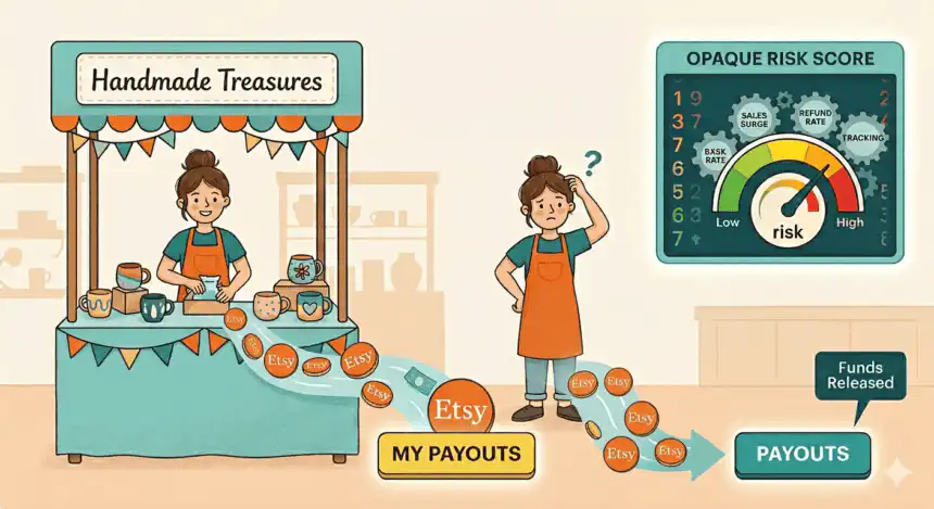 Etsy handmade treasures and payouts process illustration.