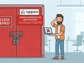 Access denied door with a red sign showing "APPEN" contractor deactivated and account suspension mes.