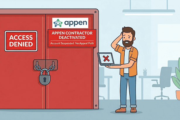 Access denied door with a red sign showing "APPEN" contractor deactivated and account suspension mes.