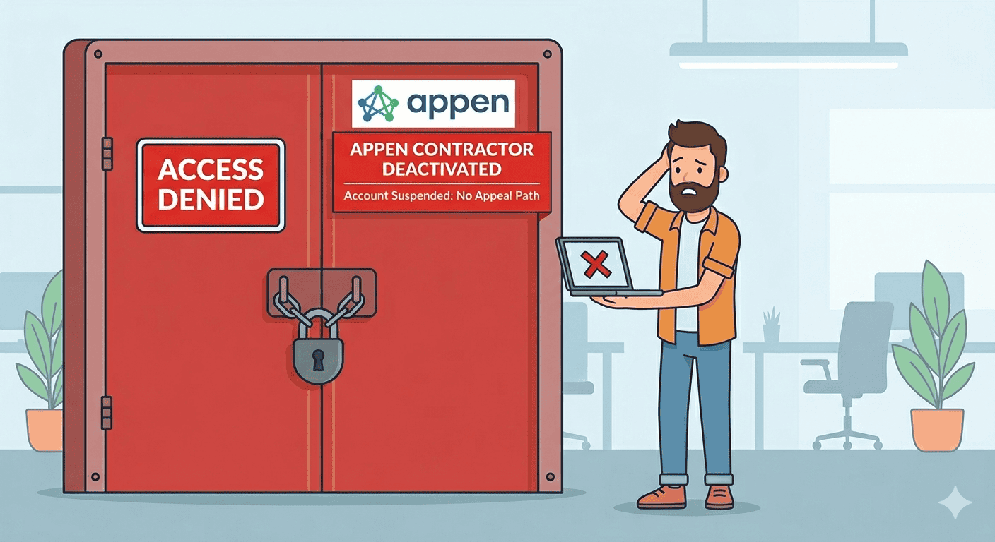 Access denied door with a red sign showing "APPEN" contractor deactivated and account suspension mes.