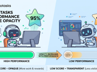 Robots with performance scores 95% and 45% at computers.