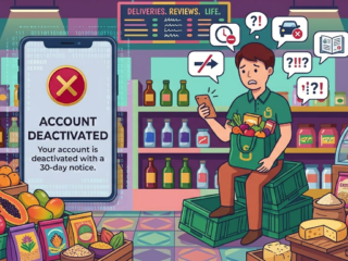 Young man with groceries sees account deactivation message on phone in store.