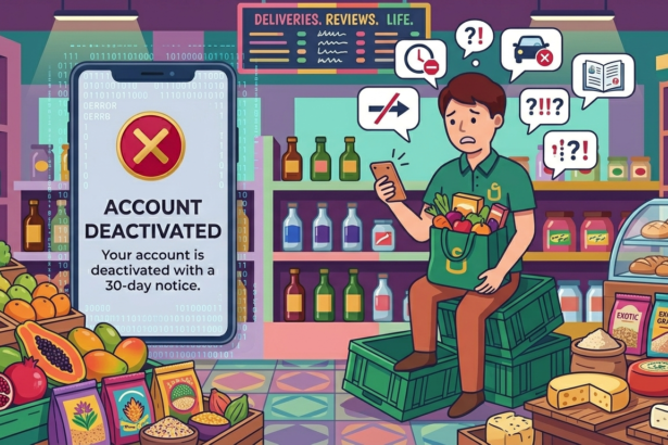 Young man with groceries sees account deactivation message on phone in store.