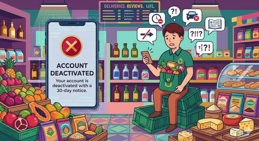 How Many Deliveries Do You Owe Shipt Before It Owes You an Explanation? 1 Young man with groceries sees account deactivation message on phone in store.