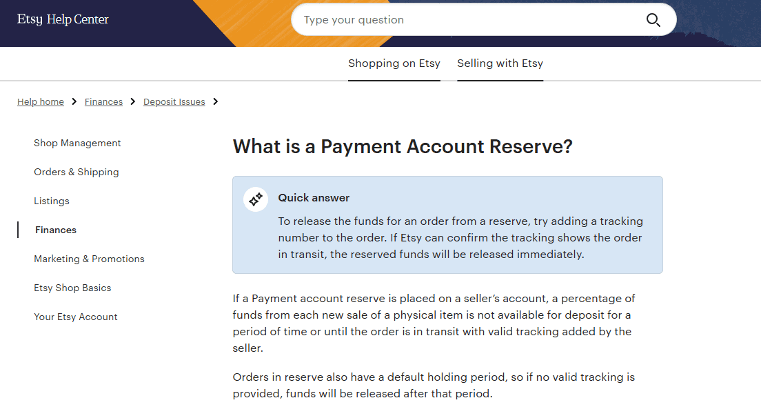 Explanation of Etsy's Payment Account Reserve and its impact on sellers.