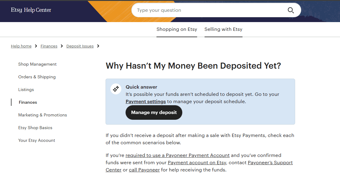 Etsy payment system showing delays in deposit processing.
