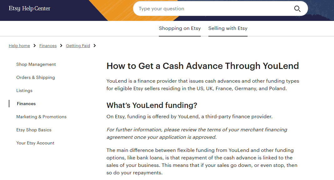 Illustration of Etsy's payment system and cash advance process for sellers.