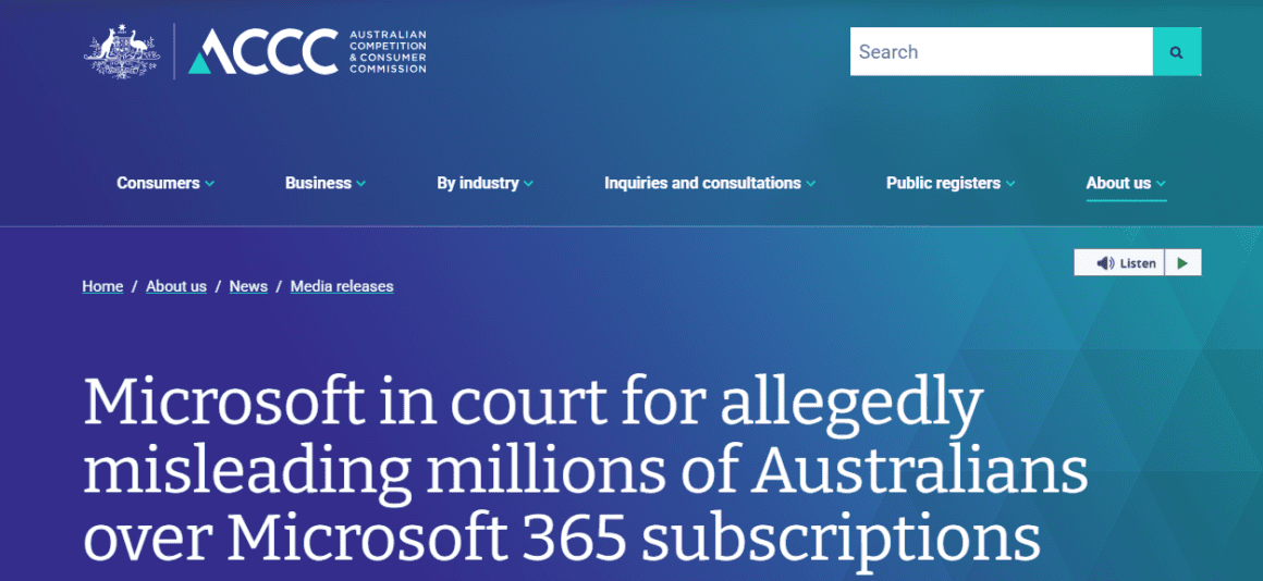 Australian court case against Microsoft over misleading Microsoft 365 subscriptions.