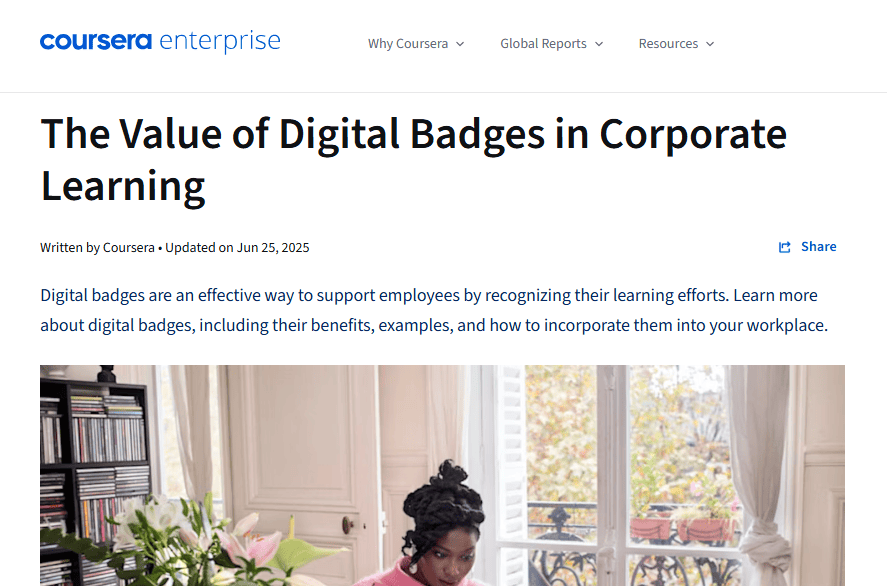 Digital badges supporting corporate learning and employee recognition.
