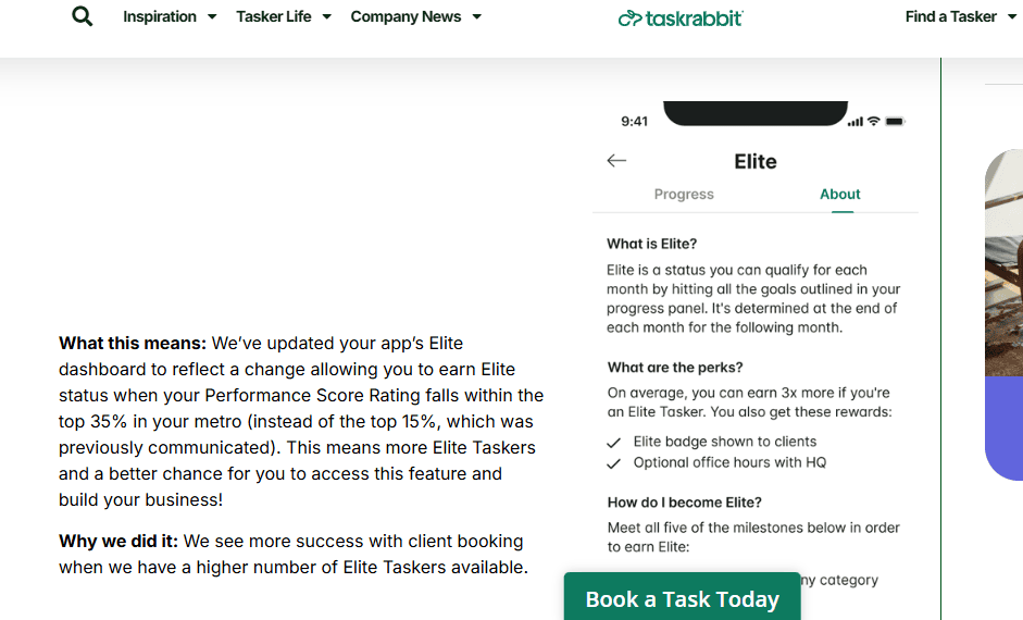 Screenshot of TaskRabbit app showing Elite badge and status details.