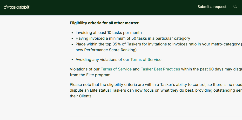 Screenshot of TaskRabbit eligibility criteria and policies.