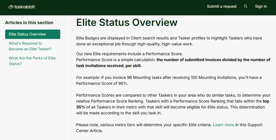 TaskRabbit elite badge on worker profile highlighting status and performance.