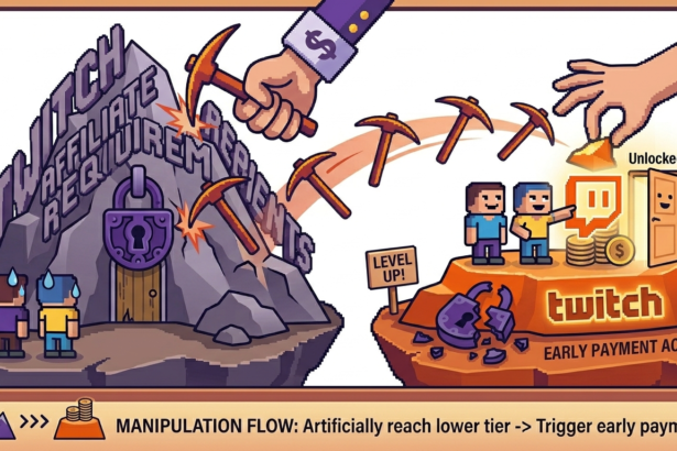 Illustration of Twitch's payout system manipulation with game characters and tools.