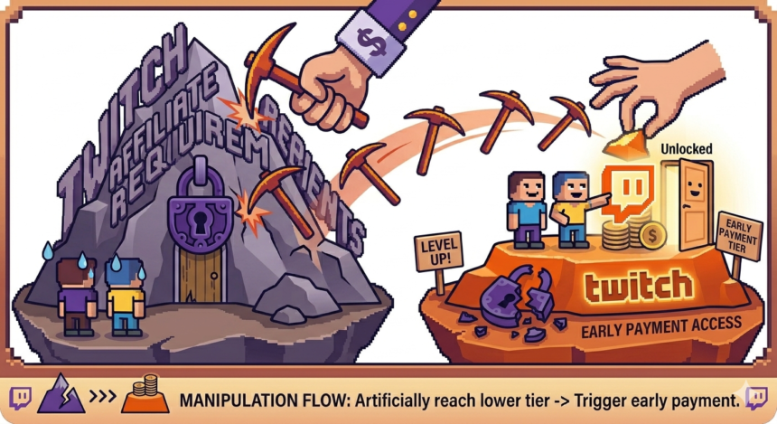 Illustration of Twitch's payout system manipulation with game characters and tools.