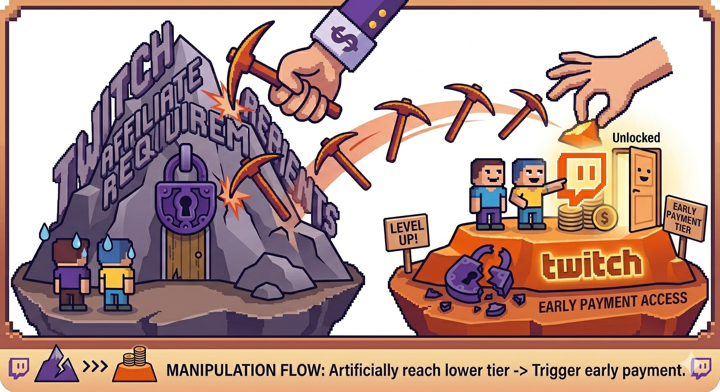 Illustration of Twitch's payout system manipulation with game characters and tools.