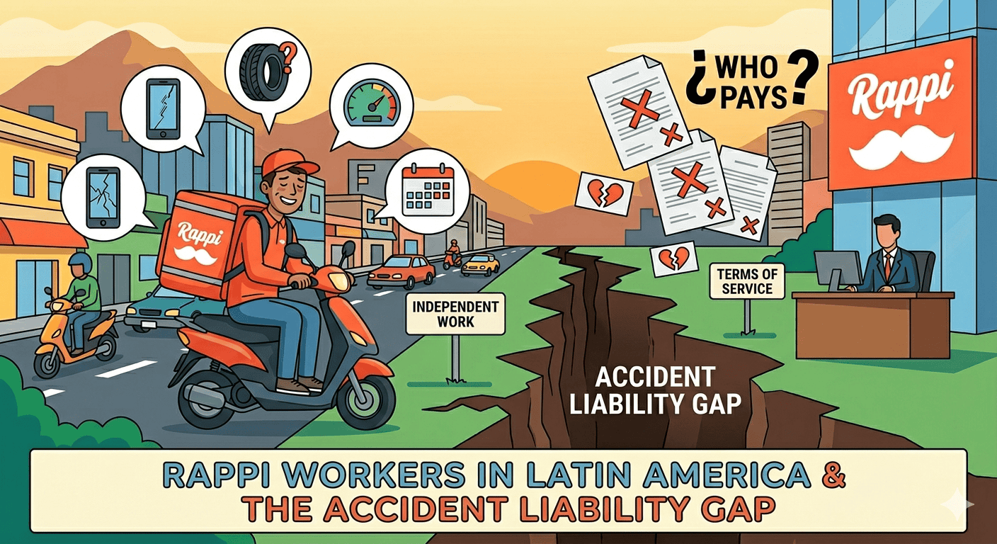 Home Icy 39 Rappi delivery worker on scooter with accident liability gap illustration.