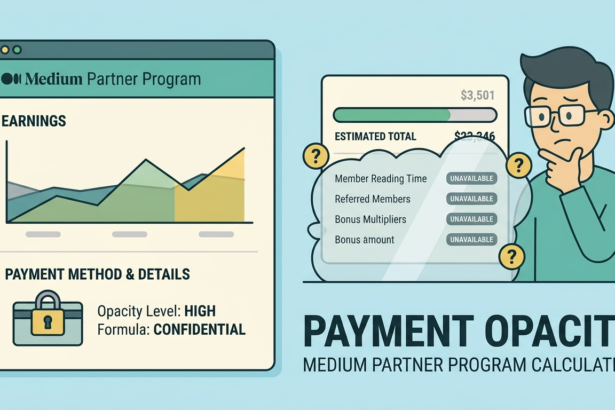 Illustration of a man analyzing partner program payment opacity and earnings.
