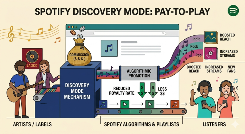 The Discovery Tax: Inside Spotify's Quiet Bargain With Its Own Artists 1 Illustration of Spotify's discovery mode and algorithm promotion process.