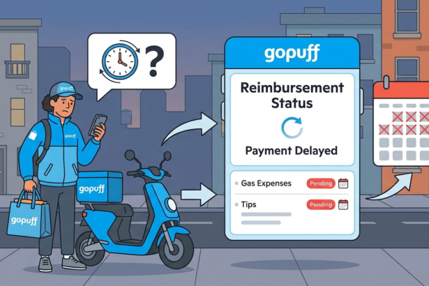 Gopuff delivery person checking reimbursement status on mobile app.
