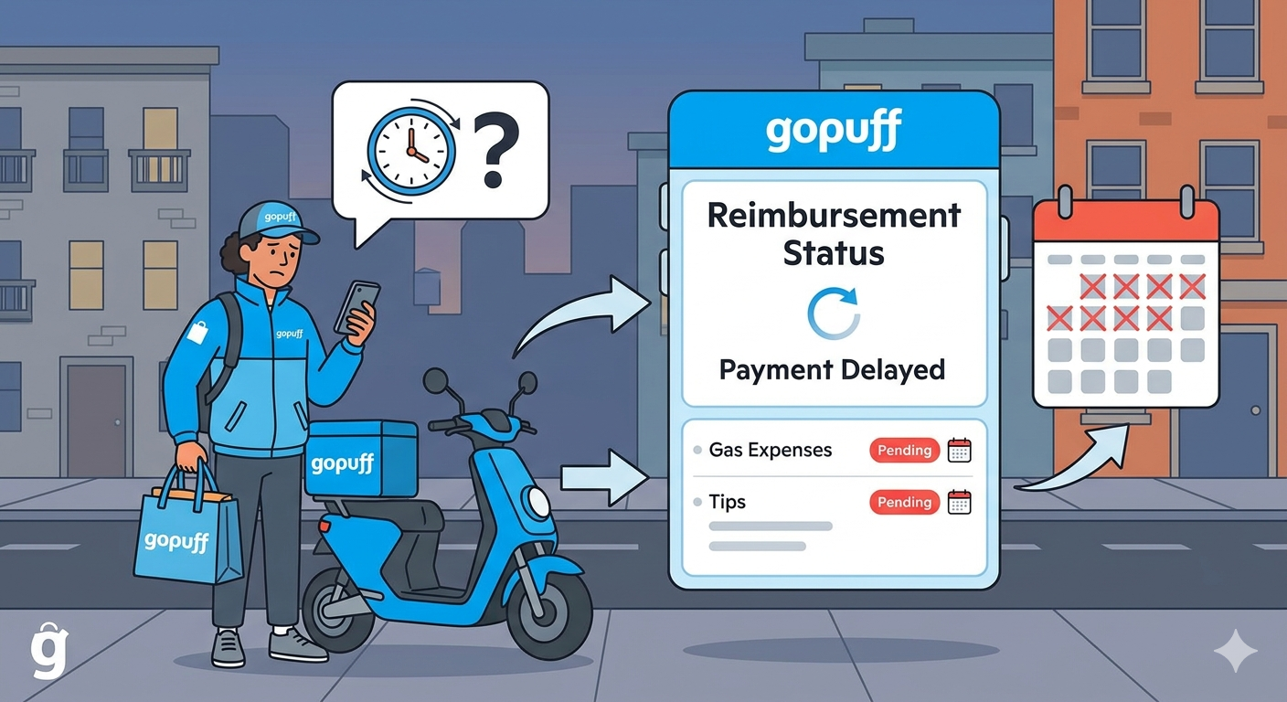 Home Icy 40 Gopuff delivery person checking reimbursement status on mobile app.