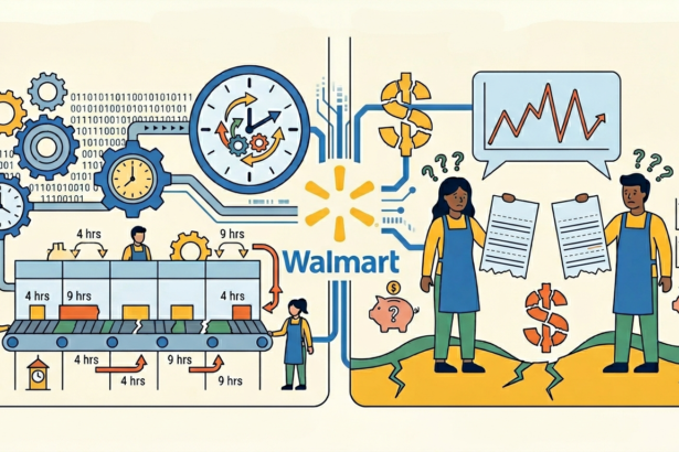 Illustration of Walmart's supply chain, data analytics, and employee collaboration.