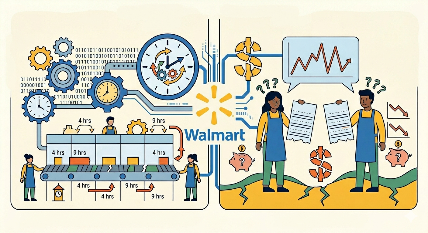 Illustration of Walmart's supply chain, data analytics, and employee collaboration.