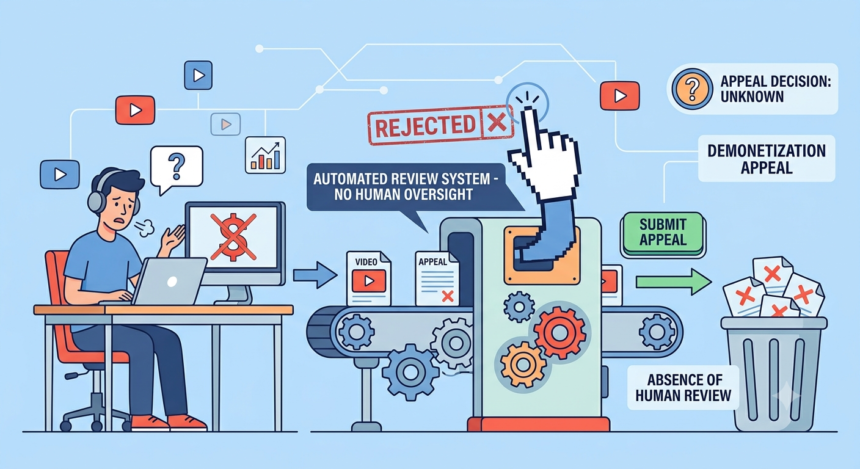 YouTube's Demonetization Machine and the Human Review That Isn't Platform Accountability 1 Illustration of automated review system rejecting appeals without human review.