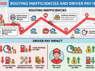 Infographic showing how routing issues affect driver pay and delivery times.