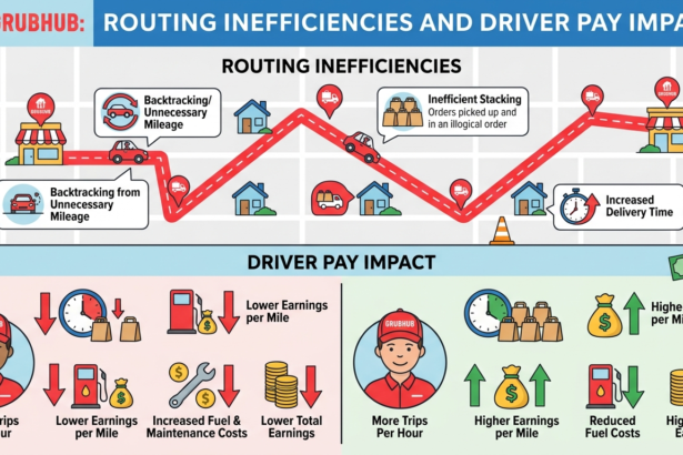 Infographic showing how routing issues affect driver pay and delivery times.