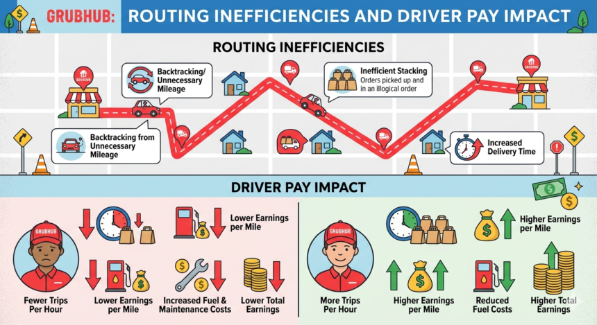 The Long Way Around: How Grubhub's Routing Problem Is Quietly Bankrupting Its Drivers 1 Infographic showing how routing issues affect driver pay and delivery times.