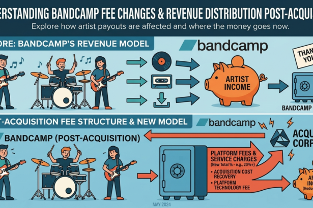 Infographic explaining Bandcamp fee changes and artist income impact.