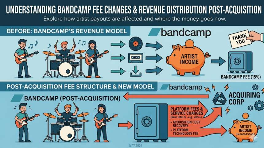From Indie Utopia to Corporate Asset: The Remaking of Bandcamp 1 Infographic explaining Bandcamp fee changes and artist income impact.