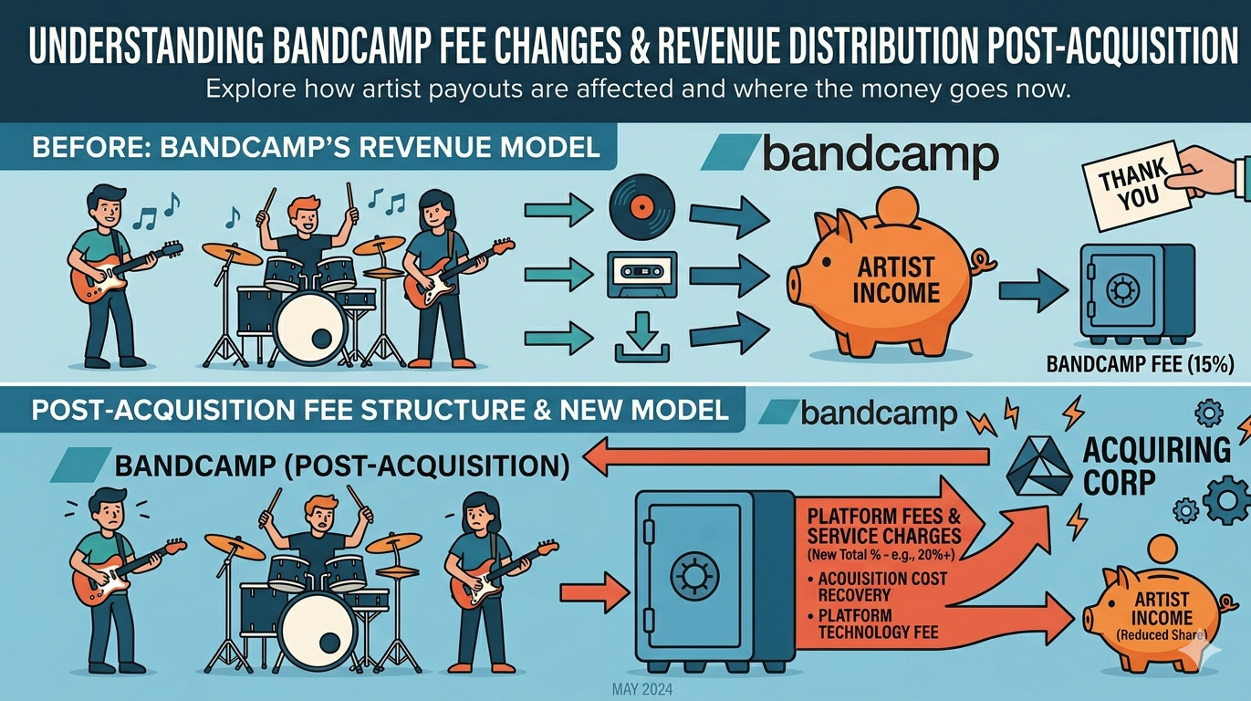 Home Icy 39 Infographic explaining Bandcamp fee changes and artist income impact.
