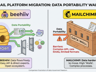 Illustration of data portability walls in email platform migration with Beehiv and Mailchimp.