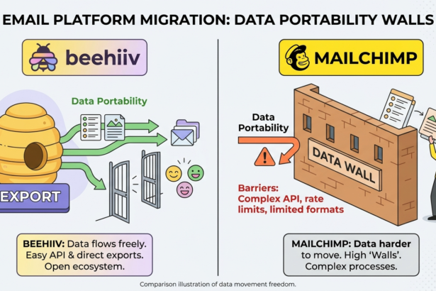 Illustration of data portability walls in email platform migration with Beehiv and Mailchimp.