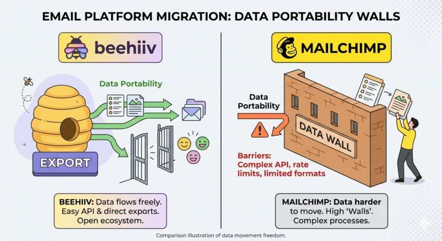 Mailchimp to Beehiiv Takes Three Steps But None of Them Cover What You Lose 1 Illustration of data portability walls in email platform migration with Beehiv and Mailchimp.