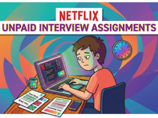 Young man stressed over unpaid Netflix interview assignments at his desk.