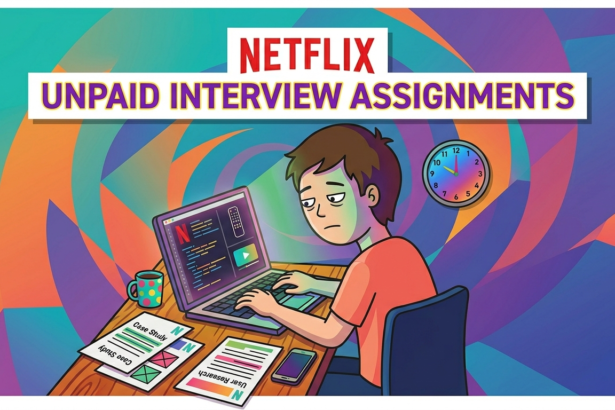 Young man stressed over unpaid Netflix interview assignments at his desk.