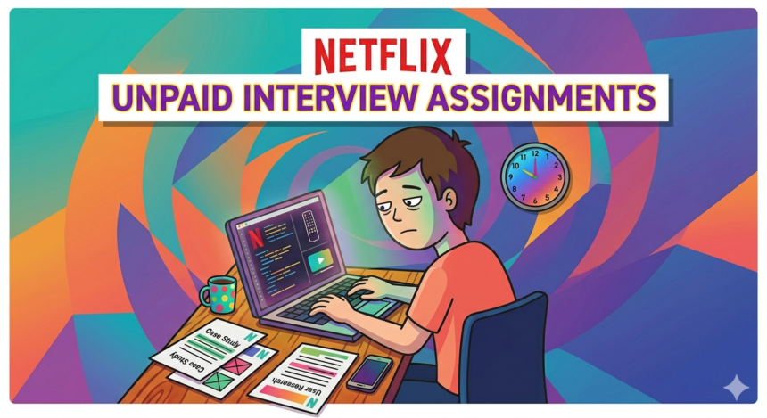 Young man stressed over unpaid Netflix interview assignments at his desk.