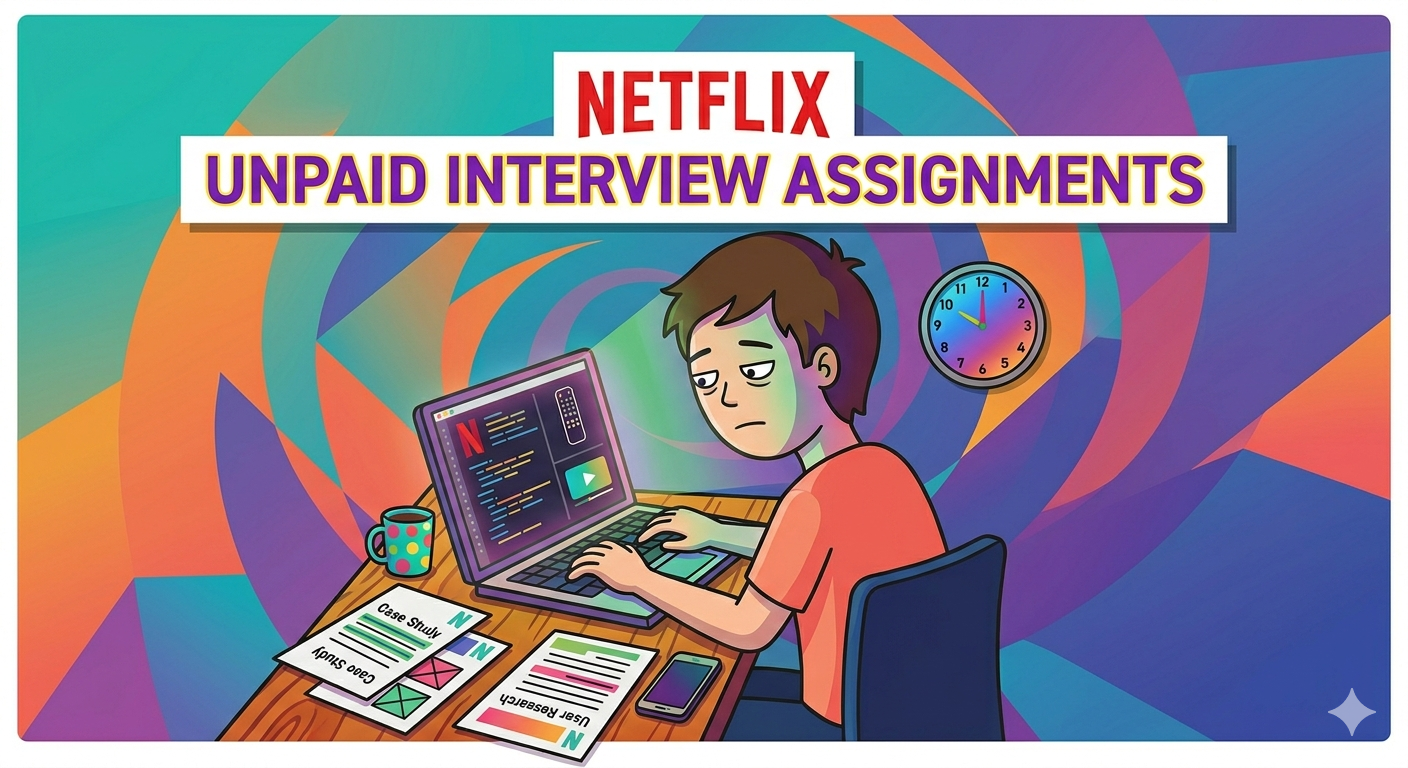 Young man stressed over unpaid Netflix interview assignments at his desk.