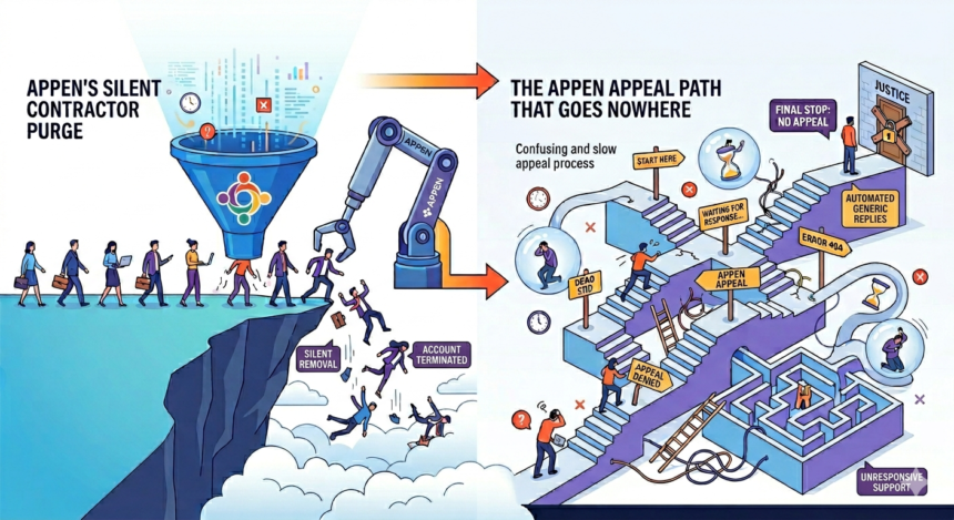 Illustration of the Appen contractor purge and appeal process flowchart.