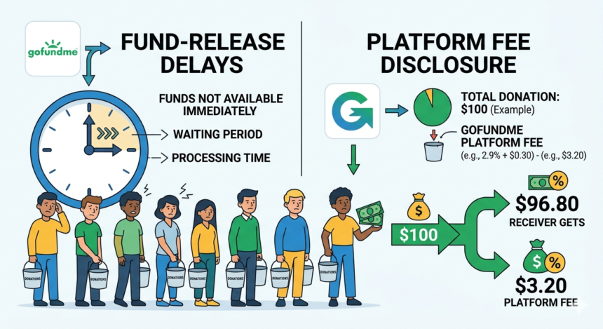 The Money Is There, GoFundMe Just Won't Let You Have It 1 Illustration of fund-release delays and platform fee disclosure process.