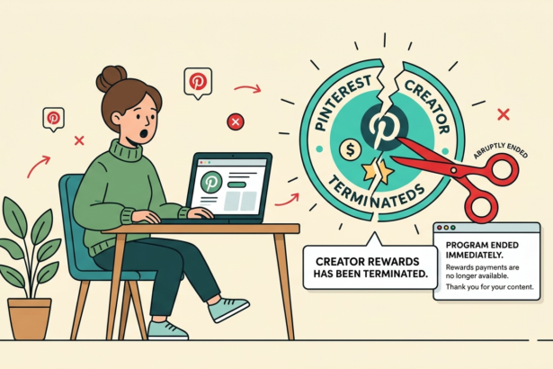 Illustration of a woman at a desk with scissors cutting a Pinterest badge.