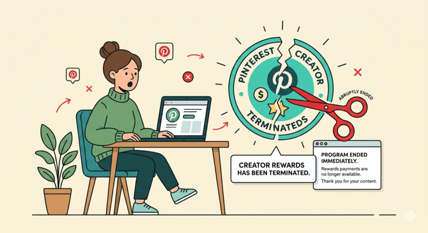 The Quiet Death of Pinterest's Creator Rewards Program, and What It Taught the Internet About Getting Paid 1 Illustration of a woman at a desk with scissors cutting a Pinterest badge.